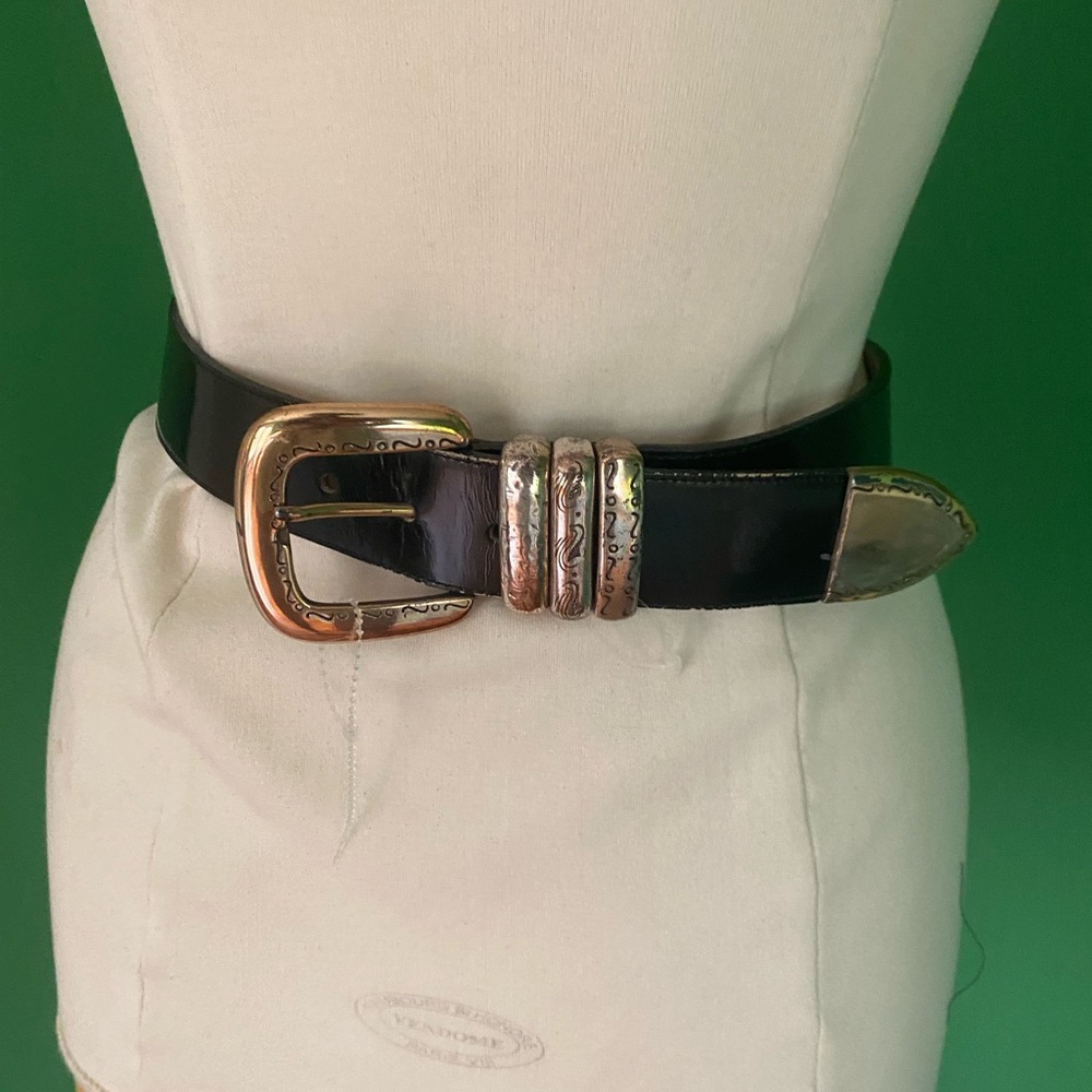 Vintage 90s Streets Ahead Black Leather Western-Style Belt silver buckle